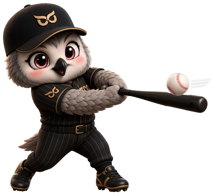 The baseball Owlie swinging the bat and hitting a baseball