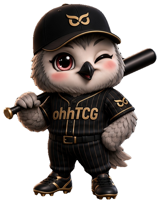 The ohhTCG baseball Owlie in a black and gold pinstripe uniform, bat on shoulder, winking
